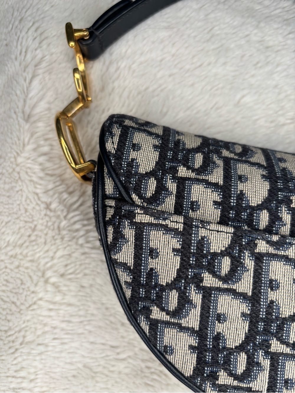 Christian Dior Vintage Oblique Saddle Bag Navy Trotter Monogram Gold Hardware - Picture 7 of 16